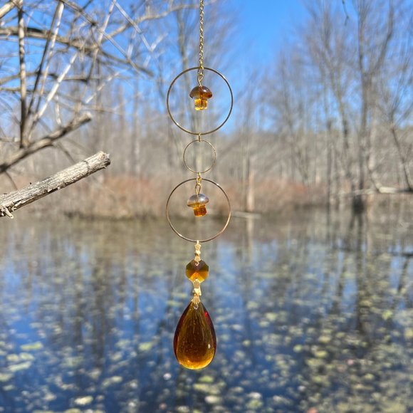 70s Retro Vibes Boho Mushroom Suncatcher Gold and Amber Colors - Picture 1 of 4